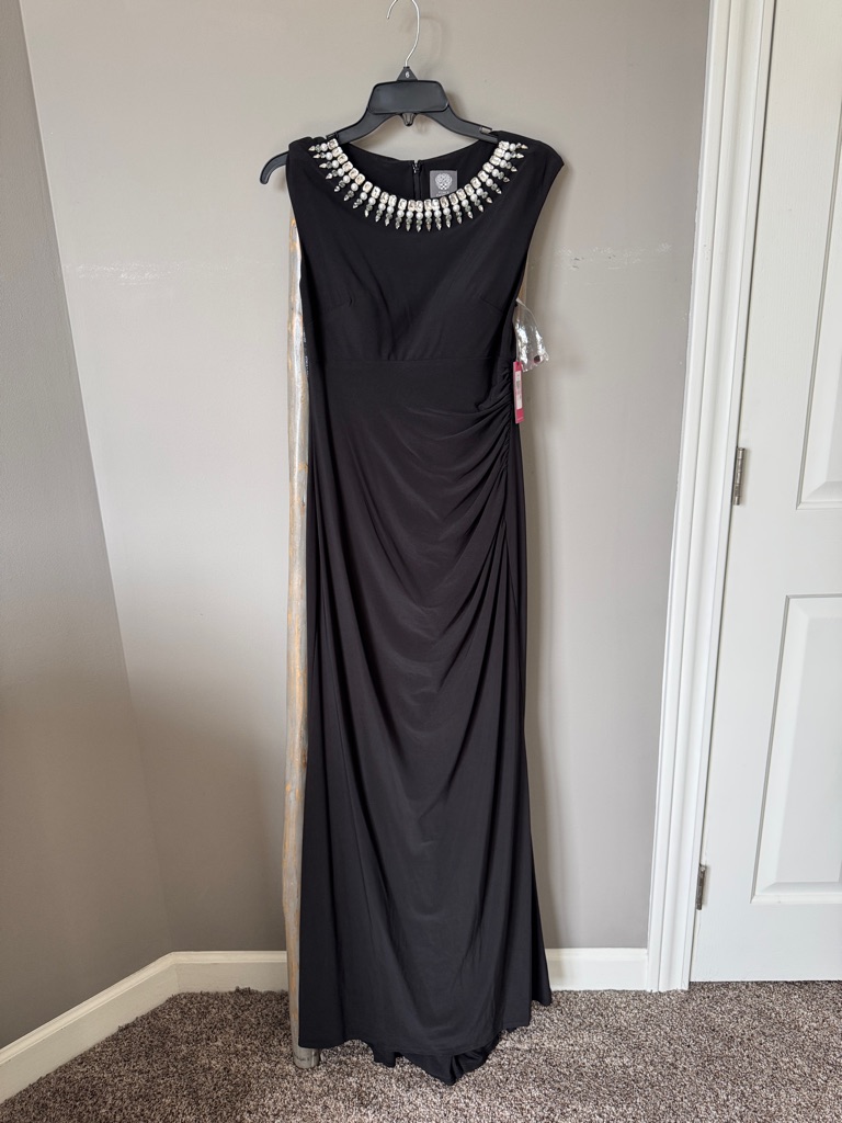 Vince Camuto Black Maxi Gown With Jeweled Neckline